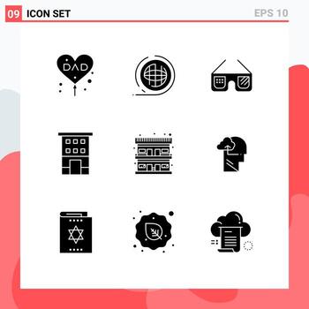 conjunto de 9 glifos sólidos vectoriales en cuadrícula para edificios de tiendas que dan forma a elementos de diseño de vectores editables americanos