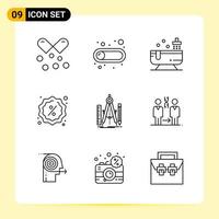 9 iconos creativos para el diseño moderno de sitios web y aplicaciones móviles receptivas 9 símbolos de contorno signos sobre fondo blanco paquete de 9 iconos vector