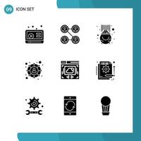 Mobile Interface Solid Glyph Set of 9 Pictograms of detail website luck web page social Editable Vector Design Elements