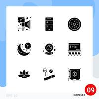 Group of 9 Modern Solid Glyphs Set for pin time donut night line Editable Vector Design Elements