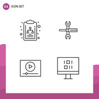Set of 4 Modern UI Icons Symbols Signs for chart video settings spanner online Editable Vector Design Elements