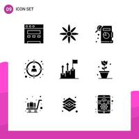 Pack of 9 Modern Solid Glyphs Signs and Symbols for Web Print Media such as flower marketing manager growth achievement Editable Vector Design Elements