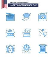Modern Set of 9 Blues and symbols on USA Independence Day such as shop money calendar bag instrument Editable USA Day Vector Design Elements