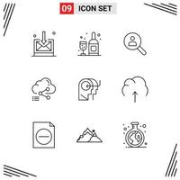 Mobile Interface Outline Set of 9 Pictograms of teaching link networking computing cloud Editable Vector Design Elements