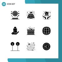 Set of 9 Vector Solid Glyphs on Grid for hand market gift pack ecommerce protection hands Editable Vector Design Elements