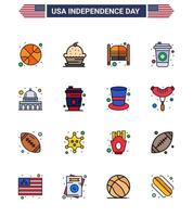 USA Happy Independence DayPictogram Set of 16 Simple Flat Filled Lines of capitol cola thanksgiving bottle day Editable USA Day Vector Design Elements