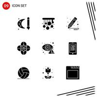 Pack of 9 creative Solid Glyphs of detector crime brush spring flower anemone flower Editable Vector Design Elements