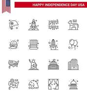 USA Happy Independence DayPictogram Set of 16 Simple Lines of symbol american usa donkey party Editable USA Day Vector Design Elements