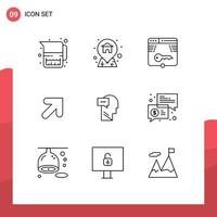 Mobile Interface Outline Set of 9 Pictograms of inner mind key right arrow Editable Vector Design Elements