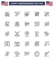 feliz día de la independencia 4 de julio conjunto de 25 líneas pictografía americana de deportes pelota amor fiesta barbacoa elementos de diseño de vector de día de estados unidos editables