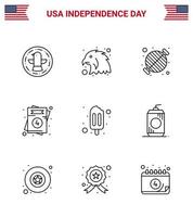 Set of 9 Modern Lines pack on USA Independence Day popsicle wedding barbecue usa invitation Editable USA Day Vector Design Elements