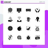 Modern Set of 16 Solid Glyphs Pictograph of fist cresent security moon pray Editable Vector Design Elements