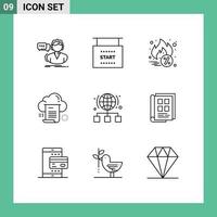 Mobile Interface Outline Set of 9 Pictograms of globe cloud start document file Editable Vector Design Elements