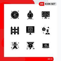 Pack of 9 Modern Solid Glyphs Signs and Symbols for Web Print Media such as heart interior creative garden fence barricade Editable Vector Design Elements