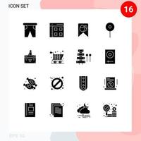 Set of 16 Vector Solid Glyphs on Grid for briefcase pin user maps egg Editable Vector Design Elements