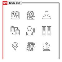 Modern Set of 9 Outlines Pictograph of achievement storage table globe sql database Editable Vector Design Elements