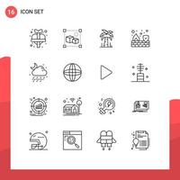 Mobile Interface Outline Set of 16 Pictograms of weather cloud palm wall firewall Editable Vector Design Elements