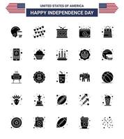 USA Independence Day Solid Glyph Set of 25 USA Pictograms of packages bag irish day calendar Editable USA Day Vector Design Elements