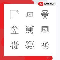 Group of 9 Modern Outlines Set for interface house class navigation lighthouse Editable Vector Design Elements