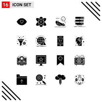 paquete de 16 signos y símbolos de glifos sólidos modernos para medios de impresión web, como elementos de diseño de vectores editables del servidor de rack de accidentes de la base de datos de filtro