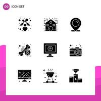 Pack of 9 creative Solid Glyphs of monitor day location cancer awareness Editable Vector Design Elements