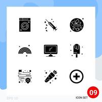 Group of 9 Modern Solid Glyphs Set for device computer alternative energy rainbow forecast Editable Vector Design Elements