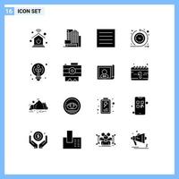 Mobile Interface Solid Glyph Set of 16 Pictograms of bulb design dry creative routine Editable Vector Design Elements