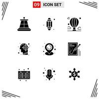 Pack of 9 Modern Solid Glyphs Signs and Symbols for Web Print Media such as location mind balloon human goal Editable Vector Design Elements