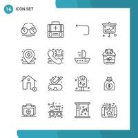 Vector Pack of 16 Outline Symbols Line Style Icon Set on White Background for Web and Mobile