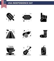 Editable Vector Line Pack of USA Day 9 Simple Solid Glyphs of canon usa foam hand landmark american Editable USA Day Vector Design Elements