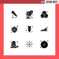 Pack of 9 creative Solid Glyphs of security bug shield antivirus design Editable Vector Design Elements