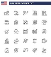 Happy Independence Day USA Pack of 25 Creative Lines of landmark american states usa cap Editable USA Day Vector Design Elements