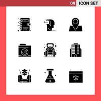 Pack of 9 creative Solid Glyphs of weight exercise holiday big think camera Editable Vector Design Elements