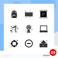 Mobile Interface Solid Glyph Set of 9 Pictograms of holiday celebration kitchen axe movie Editable Vector Design Elements