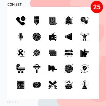 Group of 25 Solid Glyphs Signs and Symbols for business spaceship stripe rocket report Editable Vector Design Elements