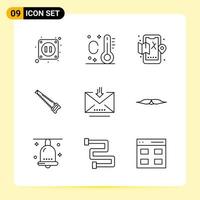 9 iconos creativos para el diseño moderno de sitios web y aplicaciones móviles receptivas 9 símbolos de contorno signos sobre fondo blanco paquete de 9 iconos vector