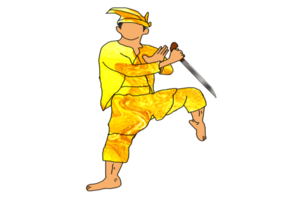 guerrero silat haciendo paso de pie una pierna con mano sujetar machete png