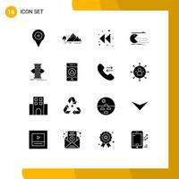 Set of 16 Vector Solid Glyphs on Grid for pacman game mountain computer rewind Editable Vector Design Elements