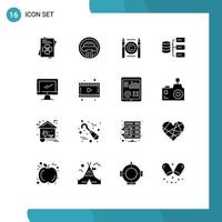 Set of 16 Commercial Solid Glyphs pack for monitor storage business base data Editable Vector Design Elements