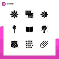 Universal Icon Symbols Group of 9 Modern Solid Glyphs of earth day layout cooking page open Editable Vector Design Elements