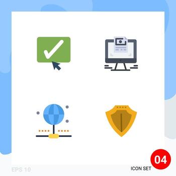 Set of 4 Vector Flat Icons on Grid for approve internet tick design sheild Editable Vector Design Elements