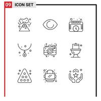 Outline Pack of 9 Universal Symbols of photo camera events necklace gem Editable Vector Design Elements