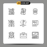 Pictogram Set of 9 Simple Outlines of key product food pay magnifying Editable Vector Design Elements