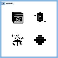 Modern Set of 4 Solid Glyphs Pictograph of check music web perfusion bricks Editable Vector Design Elements