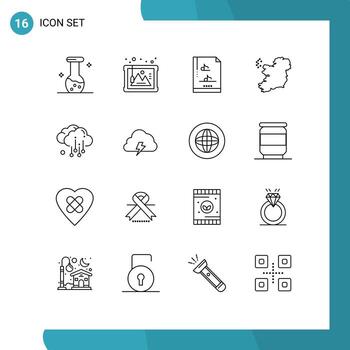 Modern Set of 16 Outlines Pictograph of power rain file document cloud map Editable Vector Design Elements