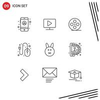 9 Universal Outlines Set for Web and Mobile Applications rabbit bynny film reel control hardware Editable Vector Design Elements