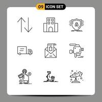 Mobile Interface Outline Set of 9 Pictograms of mail bug defence vehicles shield Editable Vector Design Elements