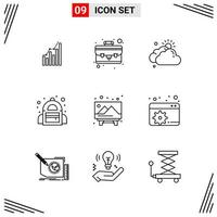 9 Icons Line Style Grid Based Creative Outline Symbols for Website Design Simple Line Icon Signs Isolated on White Background 9 Icon Set vector