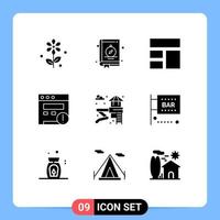 Group of 9 Modern Solid Glyphs Set for bar park frame slider seo Editable Vector Design Elements