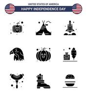 Happy Independence Day Pack of 9 Solid Glyphs Signs and Symbols for pumpkin usa rocket eagle animal Editable USA Day Vector Design Elements